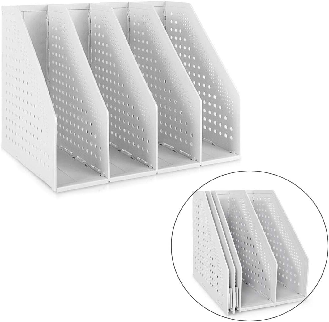 Marte Vanci Collapsible Magazine File Holder Desktop Book Organiser Lever Arch File Storage Folder Document Rack Divider Adjustable for Office School Desk Shelves 4 Compartment (Light Grey)