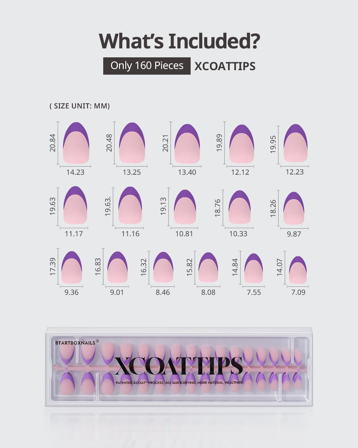 BTArtboxnails XCOATTIPS Purple French Tip Press On Nails - Short Press On Nails Almond, Soft Gel Nail Tips, 160Pcs Soak Off Acrylic Pink Fake Nail Extension in 16 Sizes - Image 5