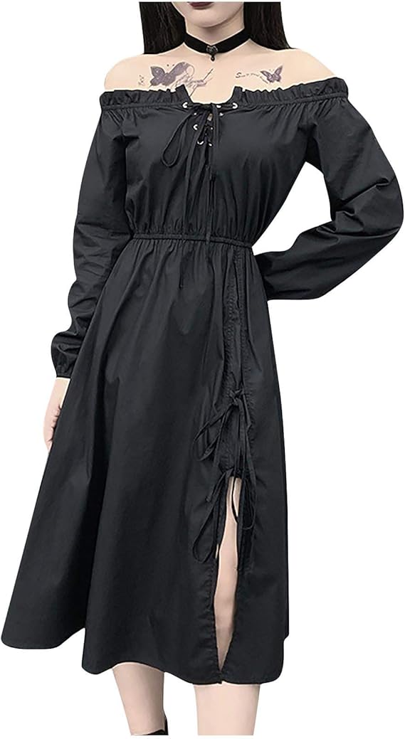 Amazon Co Jp ワンピース レディース 黒 ブラック ゴスロリ V系 ファッション 肩出し ブラック クロ 結婚式ドレス パーティードレス 長袖 お呼ばれ 二次会 ドレス おしゃれ ゴシック ロリータ 衣装 コスプレ 女装 服 メイド お嬢様 かわいい ブラック M 服
