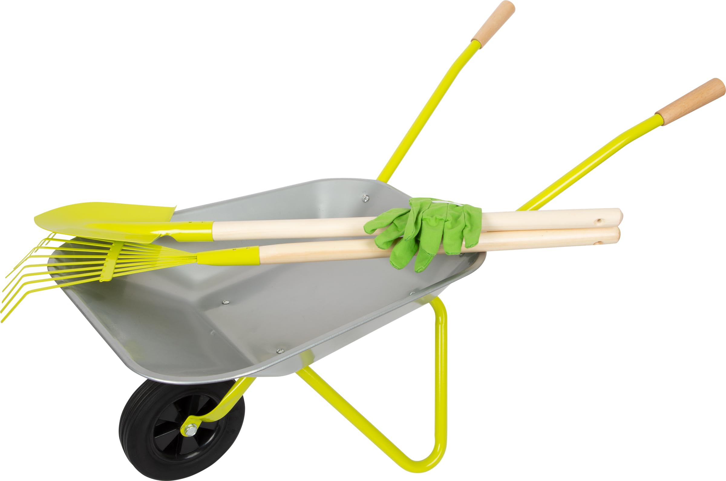 small foot 11627 Wheelbarrow with garden tools incl. gloves, spade, and rake, outdoor toys for kids aged 3+ years
