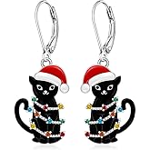Cat Earrings for Women Christmas Black Cat Earrings Sterling Silver Cats Dangle Holiday Christmas Jewelry