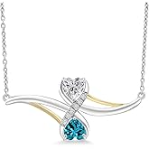 Gem Stone King 925 Silver and 10K Yellow Gold Lab Grown Diamond and London Blue Topaz Pendant Necklace for Women | 1.05 Cttw | Gemstone April Birthstone | Heart Shape 5MM | With 18 Inch Chain