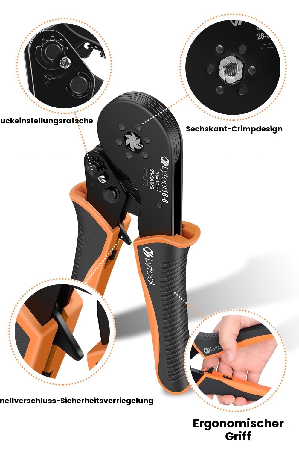 Crimpzange 0.08-16mm², Lytool Aderendhülsenzange Crimp Zange Sechskant Presszange für Isolierte Unisolierte Crimpverbinder (Crimpzange 16-6 Set) 2