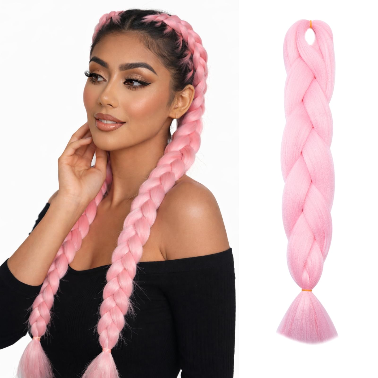 Benehair Braiding Hair Long Braids Extensions Hair 24 Inches Colorful Synthetic Hair for Braid Human Braiding Hair Pink Hair Extensions for Women(Pink, 100g) — image 1