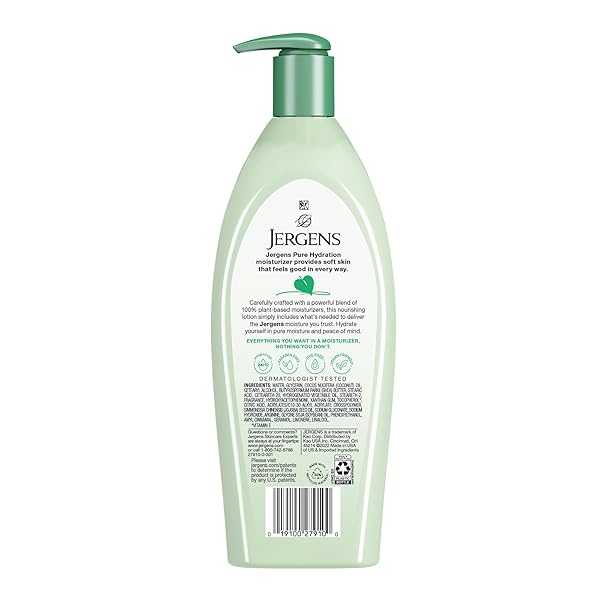 JERGENS PURE HYDRATION BODY LOTION, PLANT BASED MOISTURIZER HYDRATES DRY TO EXTRA DRY SKIN, PARABEN AND CRUELTY FREE, FRAGRANCE FREE FORMULA, 24HR HYDRATION, 13 OZ