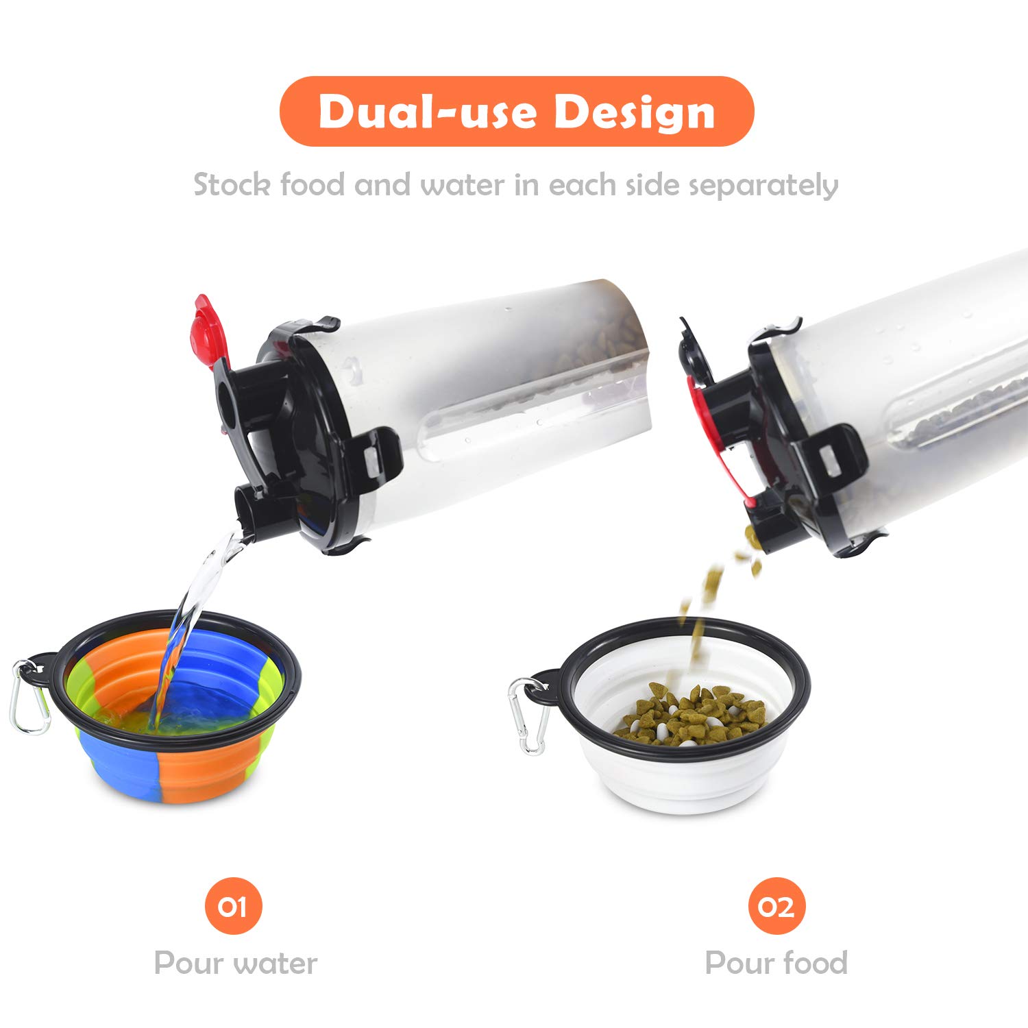 ZukoCert Dog Water Bottle Pet Food Container 2-in-1 with Collapsible Travel Dog Bowls Slow Feeder Outdoor Portable Dog Feeder Drinking Cup