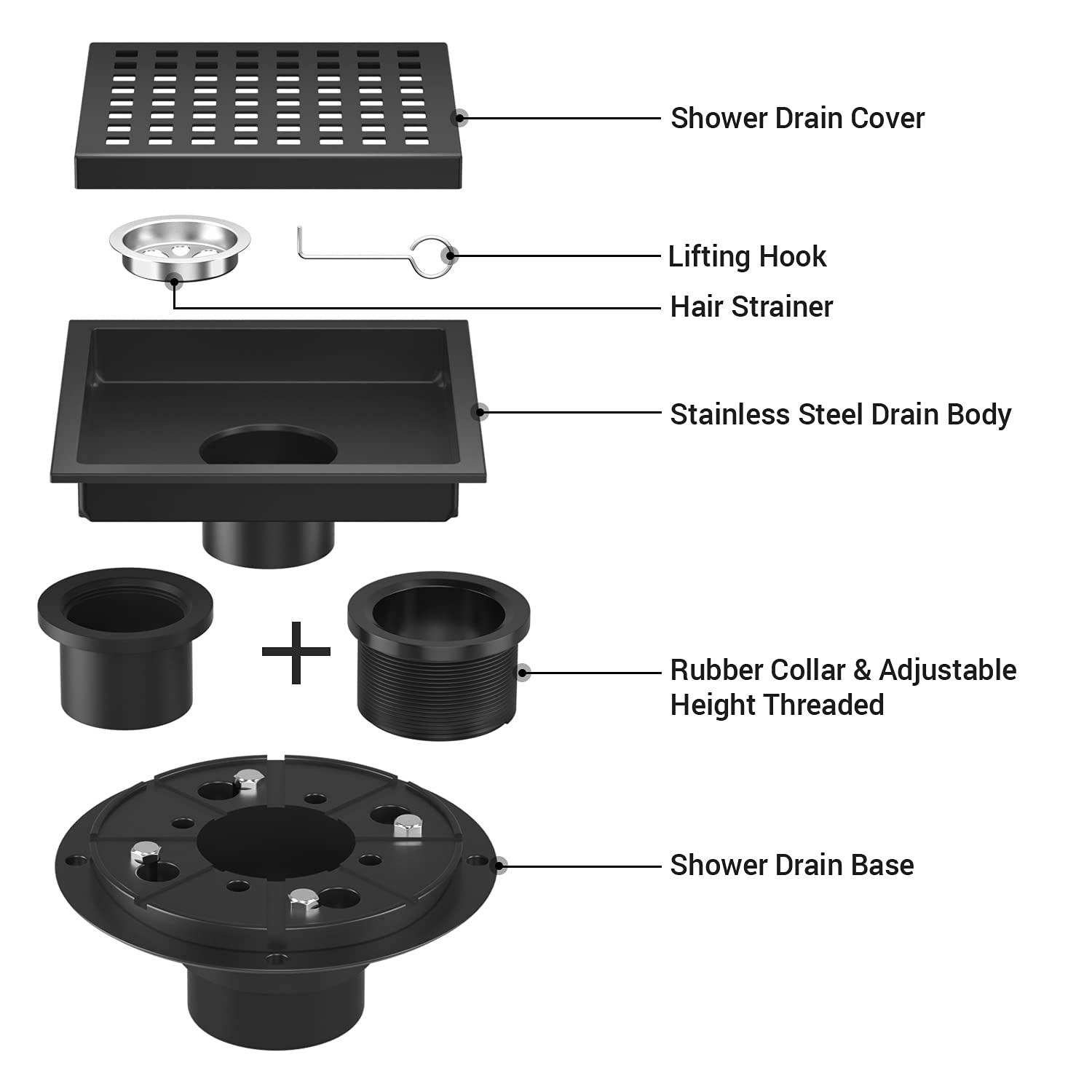 EXF Square Shower Drain 6 Inch Matte Black, Stainless Steel Shower Floor Drain Kit with ABS Flange, Removable Grid Grate, Hair Strainer, Not Fit for Bathtub