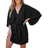 CUPSHE Women's V Neck Summer Dress 3/4 Kimono Sleeve Self Tie Pleated Loose Slit Mini Casual Dress