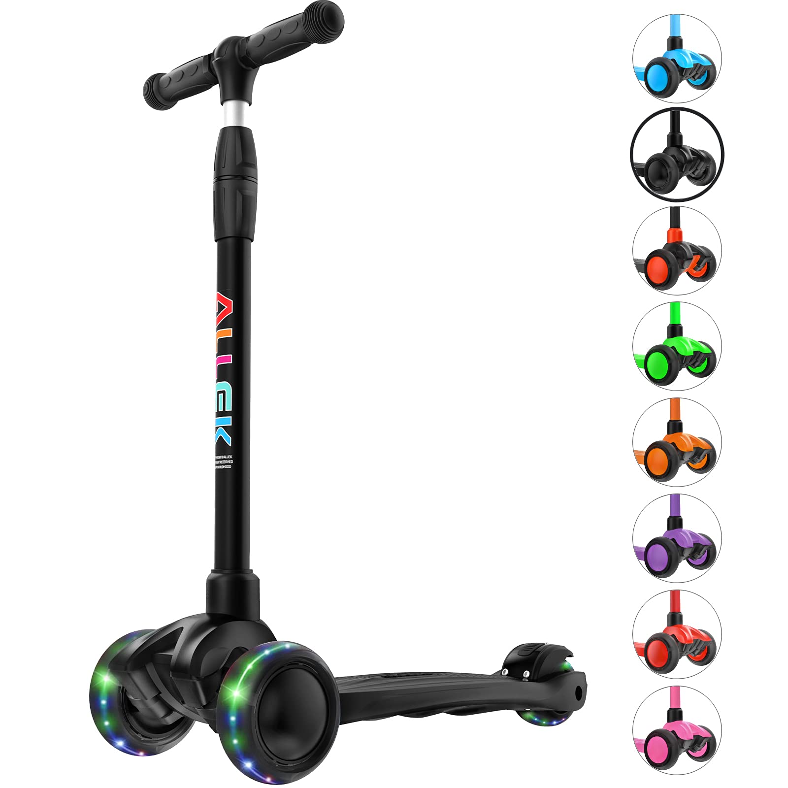 Allek Kick Scooter B03, Lean 'N Glide Patinete de empuje de 3 ruedas con ruedas extra anchas de PU iluminadas, manillar ajustable en cualquier altura y plataforma gruesa y resistente para niños de 3 a 12 años (negro)