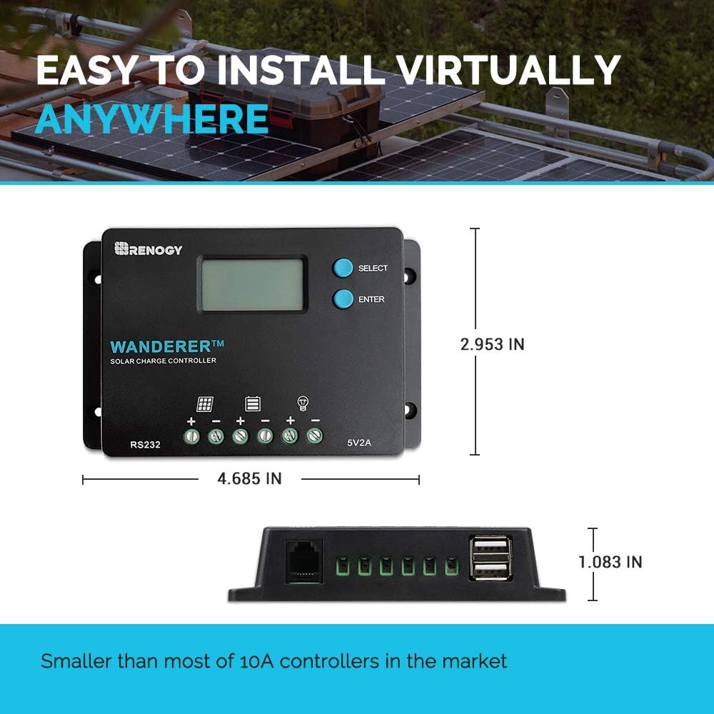 Renogy Wanderer 10 Amp 12V/24V PWM Negative Ground Solar Charge Controller Regulator Compatible with Bluetooth Module : Garden & Outdoor