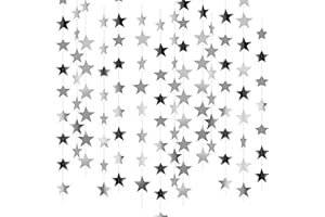 Star Garland Streamers Silver, 65 Feet Hanging Star Decorations Party Banner Garland Paper Stars Bunting Garlands for Birthda
