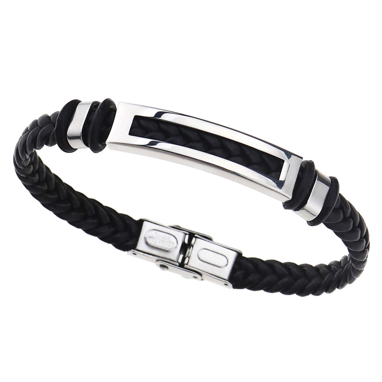 OTOTEC 21cm Black Stainless Steel Leather Braided Bracelets Non-Magnetic for Male and Female