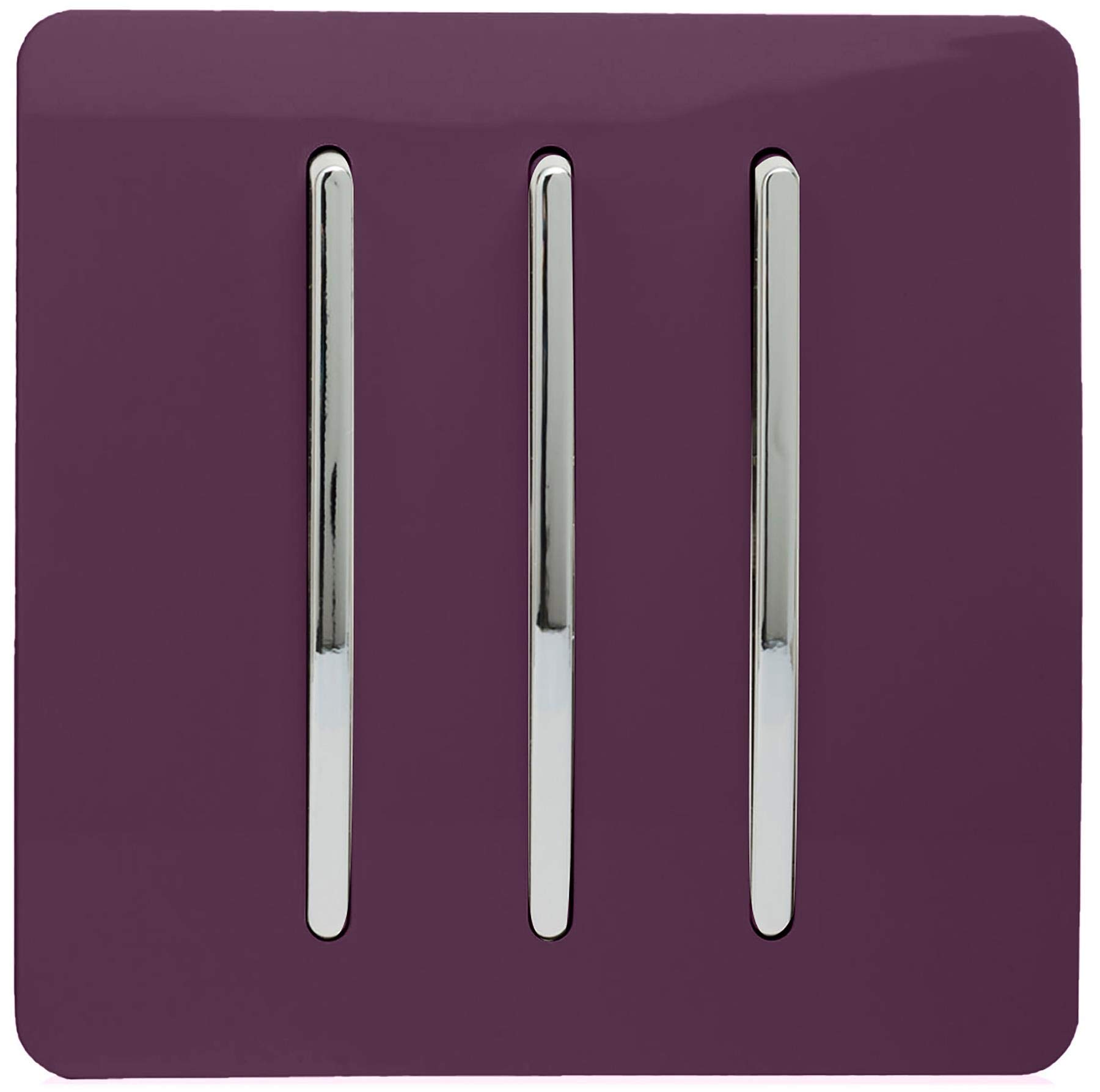 Trendi 3 Gang 2 way 240V Screwless Raised Front Plate Plastic Artistic Modern Glossy 10 Amp Chrome Rocker Triple Electrical Wall Light Switch Plum Purple - ART-SS6PL