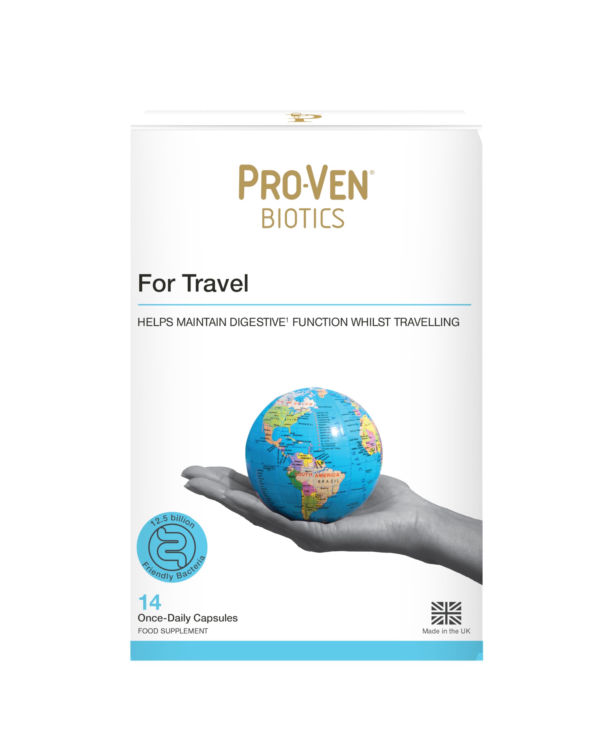Pro-Ven Probiotics for Travel | 12.5 Billion Live Bacteria with Ginger Glutamine and Calcium | Daily Digestive Support for Holidays and Overseas Trips Easy to Pack | 14 Capsules