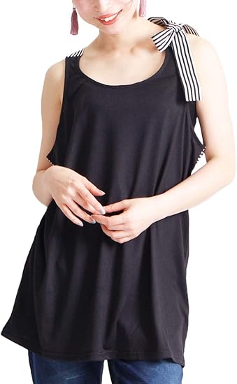 ゴールドジャパン 大きいサイズ レディース トップス カットソー タンクトップ ロング 肩リボン ストライプ バッククロス フレア Tシャツ カットソー 通販 Amazon