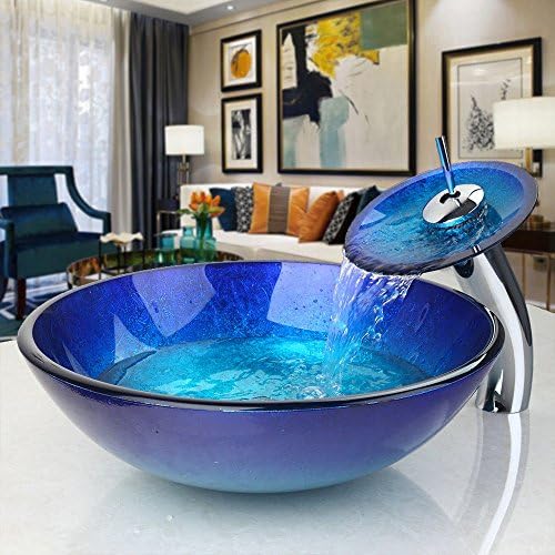 OUBONI Bathroom Vessel Sinks Vanity Set Contemporary Tempered Glass +Matching Style Faucet +Chrome Pop-up Drain¡­