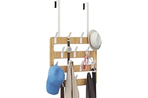 CHJgroup Over The Door Hooks Hangers Tower Rack, Heavy Duty, Non-Scratch, 14 Hooks, with Wooden Board, Towel Hat Coat Purse Bra Organizer for Bathroom Bedroom Kitchen, Matte White