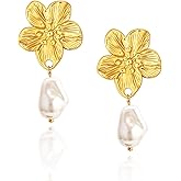 Dckazz Vintage Pearl Earrings Chunky 14K Gold Plated Pearl Earrings for Women Oval Stud Non Tarnish
