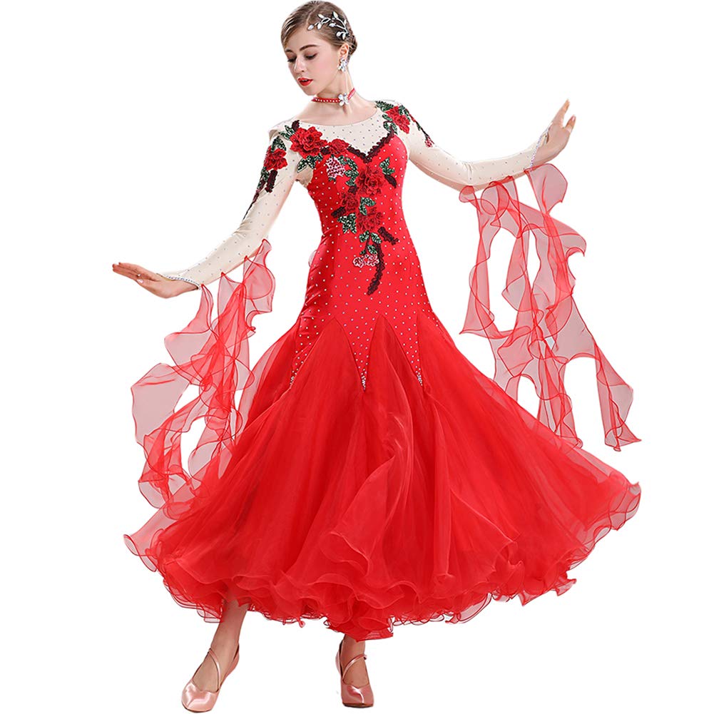 人気no 1 発表会 競技用 モダンダンス衣装 豪華 イベント衣装 練習着 ダンスウエア 長袖 ワンピース 社交ダンス衣装 S 3xl ビジュー付きラテンダンス衣装 ステージ衣装 花柄 衣装 ドレス 社交ダンス 演出服 Large レッド B07rxrlwjv 赤 パープル 舞台衣装 社交ダンス