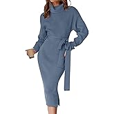 ZESICA Women's Turtleneck Sweater Midi Dress Long Sleeve Ribbed Knit Bodycon Slit Dress with Belt