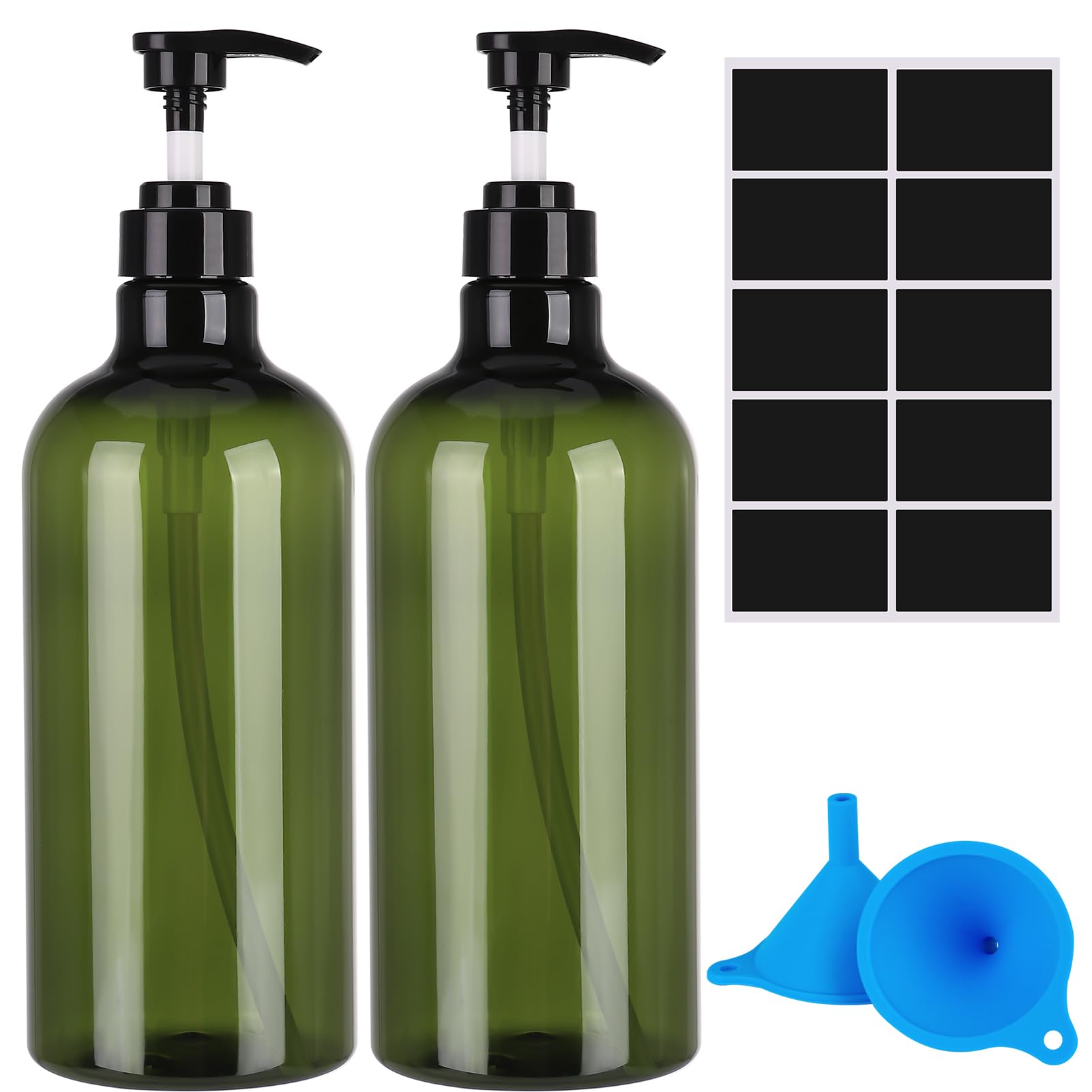 Pump Bottle Dispenser,2 Pcs 1000ml/35oz Refillable Empty Press Pump Bottles,Refillable Plastic Empty Pump Bottles Dispensers with Funnel and Label for Lotions,Shampoo,Conditioner,Green