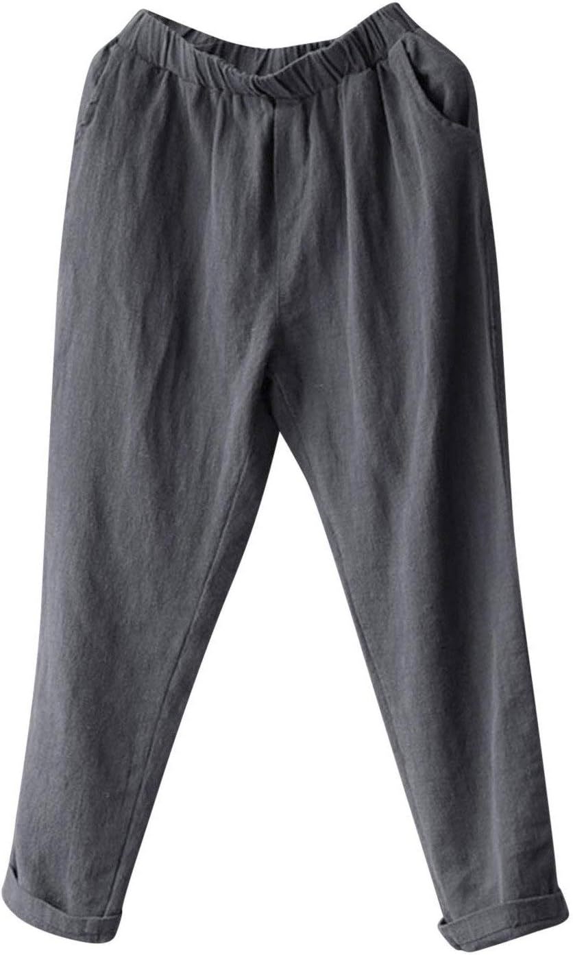 Womens Cotton Linen Loose Fit Elastic Waist Harem Pant