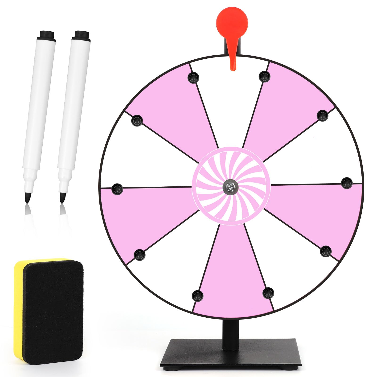 NQEUEPN 12 Inch Spinning Prize Wheel, 10 Slots Tabletop Fortune Wheel Spinner with Stand Raffle Roulette with Dry Erase & Markers for Carnivals, Trade Shows, Holiday Activities, Game (Pink+White)