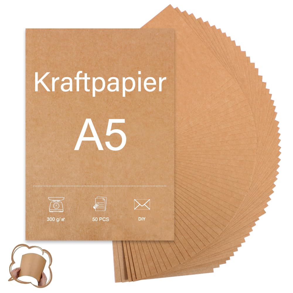 50 Sheets Brown Kraft Paper A5-300 g Thick for Printing, Menu Cards, Kraft Cardboard for Painting, Printing, Crafts & Vintage Style Wedding Gifts