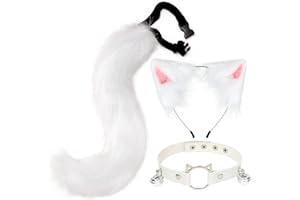 QinRuan Cat Ears and Wolf Fox Animal Tail Cosplay Costume Faux Fur Hair Clip Headdress Halloween Leather Neck Chocker Set (3-White)