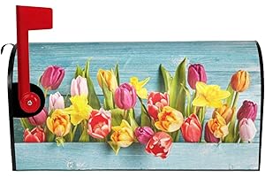 Oplp Colorful Tulip Flower Wooden Background Waterproof Mail Cover Magnetic Mailbox Wraps Spring Post Letter Box Cover for Garden Home Decor 21x18 in
