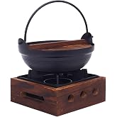 Hgjgwqh Japanese Style Cast Iron Shabu Shabu Hot Pot Sukiyaki Nabe with Wood Lid and Cooking Stove Traditional Nonstick Cookware Serveware for Sukiyaki Noodle Ramen Soup,18cm/7.1inch