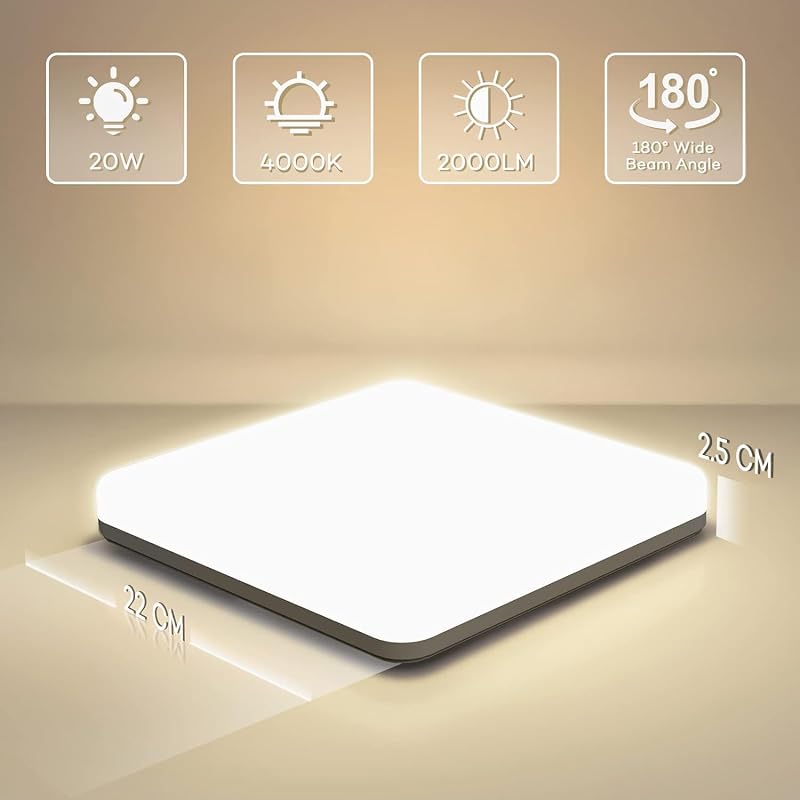 Luz de teto LED, 20W 2000LM 4000K Candeeiros de teto, lâmpada quadrada quadrada ultrafina IP44 para sala de estar, casa de banho, varanda, quarto, corredor, cozinha, cozinha