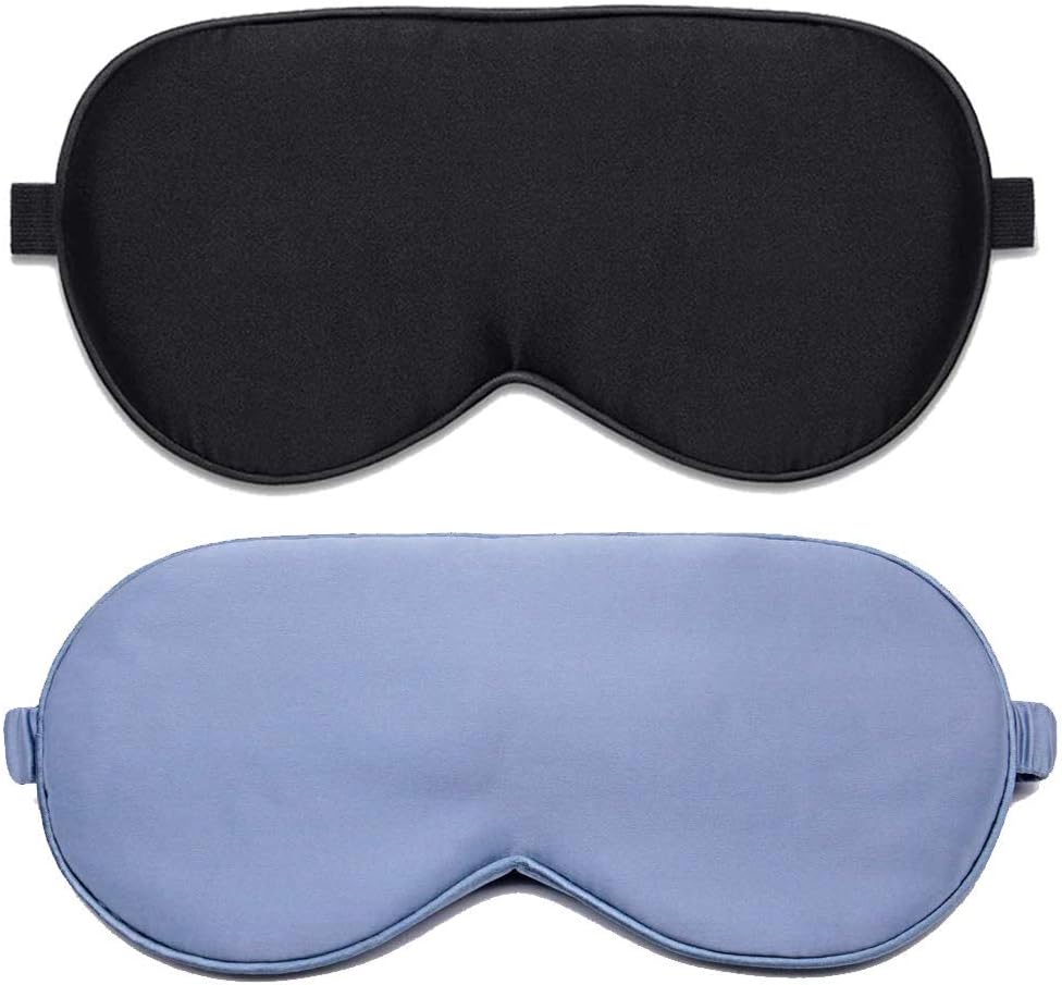 UNAOIWN Sleep Mask 100% Silk Blindfold, Girly Eye Mask Cover for Night Sleeping for Women Ear Plugs Free (Black&Light Blue)