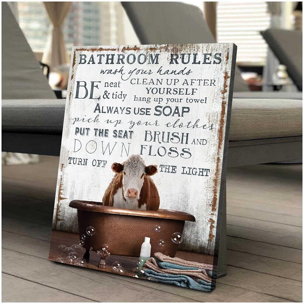Ohcanvas Hereford Cow in the bathtub on Vintage Rustic Wood Bathroom Rules Farm Farmhouse Wall Art Decor 1.5 Inch Frame Canvas Art Gifts For Christmas, Birthday, Valentine's Day, Thanksgiving, Canvas Home Decor, Canvas Office Decor (16 in x 24 in)