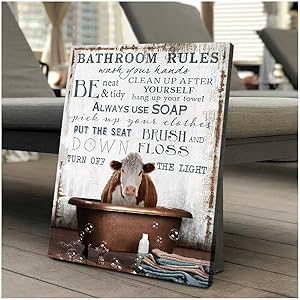 Ohcanvas Hereford Cow in the bathtub on Vintage Rustic Wood Bathroom Rules Farm Farmhouse Wall Art Decor 1.5 Inch Frame Canvas Art Gifts For Christmas, Birthday, Valentine's Day, Thanksgiving, Canvas Home Decor, Canvas Office Decor (16 in x 24 in)