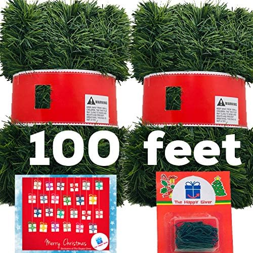 The Happy Giver Holiday Christmas Garland Set - 50 Foot Non-Lit Soft Green Garland - 100 Green Ornament Hooks - 1 Advent Calendar Magnetic Your Christmas Countdown - Indoor Outdoor Decor (4, 100 foot)