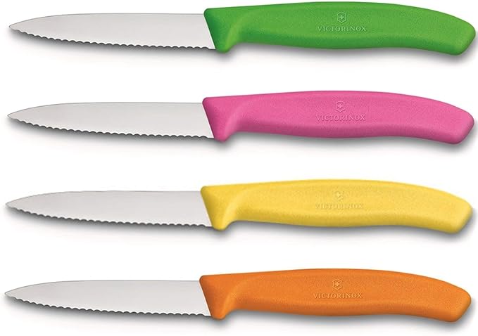Amazon Com Victorinox Swiss Stainless Steel Paring Knife 3 25 Inch Serrated Blade Spear Pointy Set Of 4 Green Orange Pink And Yellow Utility Knife Set Kitchen Dining