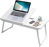 HOFLERA Laptop Desk Bed Table with Foldable Legs Cup Slot Reading Holder White