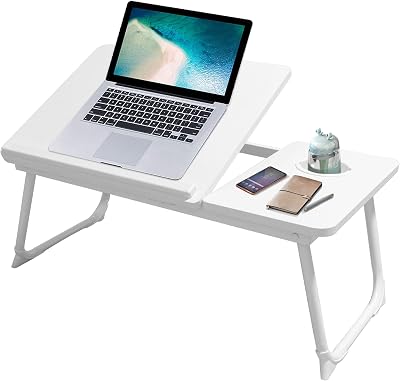 HOFLERA Laptop Desk Bed Table with Foldable Legs Cup Slot Reading Holder White