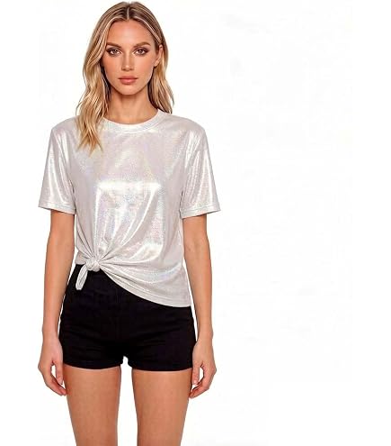 andy & natalie Women's Shiny Top Holographic Metallic Shirt