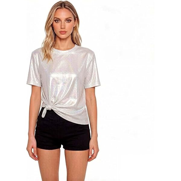 andy & natalie Women's Shiny Top Holographic Metallic Shirt