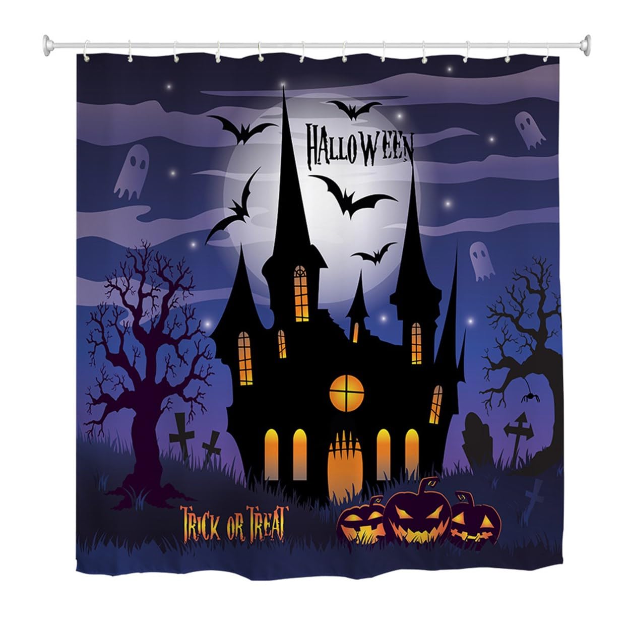 goodbath Halloween Shower Curtain, Forest Ghost Bat Castle Moon Spooky Tree Spider Web Horror Theme Waterproof Bath Curtains Bathroom, 180x180 cm, Purple
