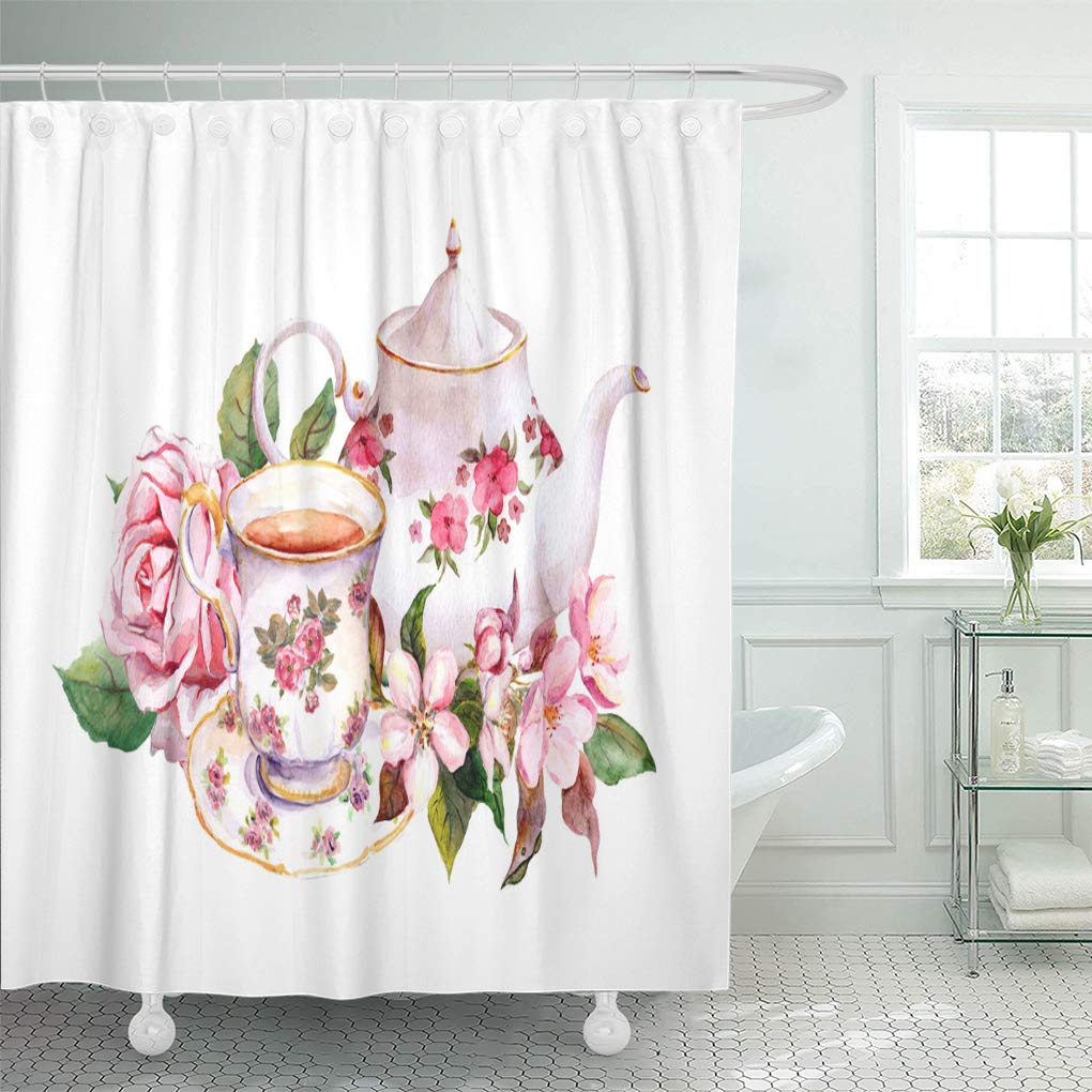 Amazon Com Semtomn Shower Curtain Watercolour Teacup And Tea Pot