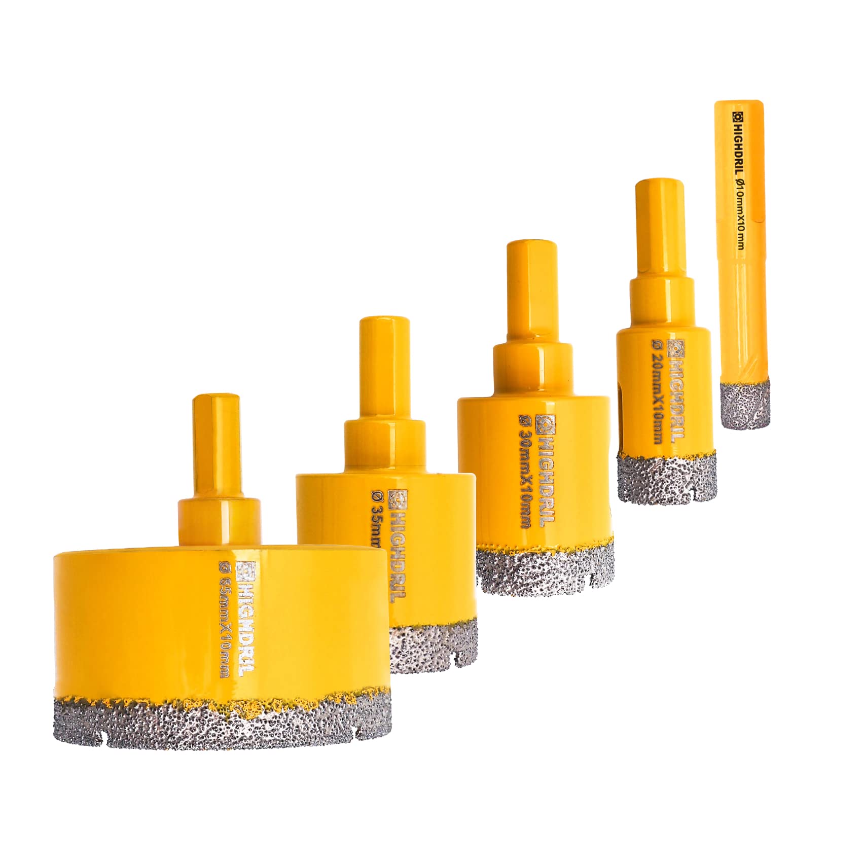 HIGHDRIL 5Pcs Diamond Core Drill Bit,Diameter 10mm/20mm/30mm/35mm/65mm with Triangle Shank Vacuum Brazed Hole Saw for Concrete Granite Marble Glass Porcelain Tile Masonry Brick