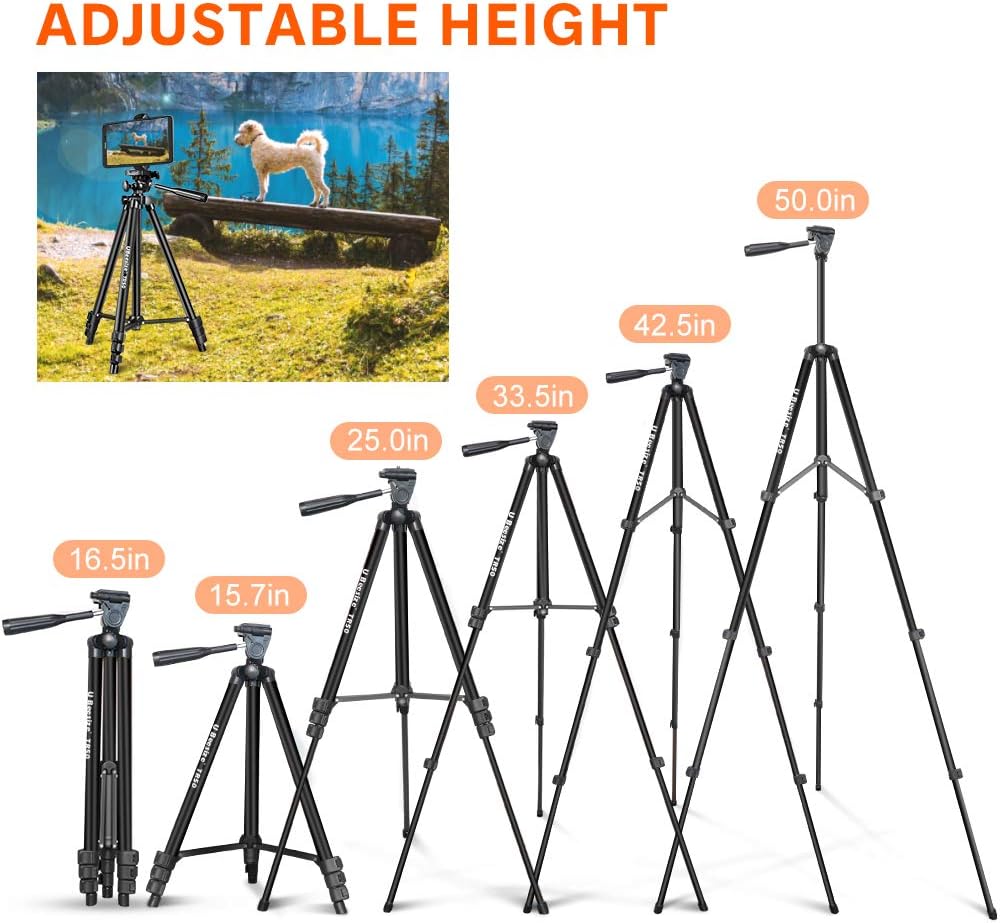 Phone Tripod, UBeesize 50’’ Extendable Lightweight Aluminum Tripod Stand with Universal Cell Phone/Tablet Holder, Remote Shutter, Compatible with Smartphone & Tablet & Camera.