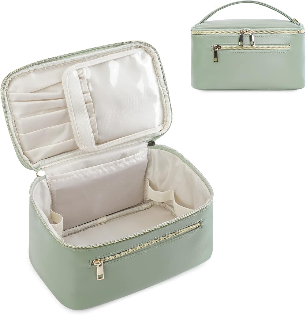 Wandering Nature Travel Makeup Bag with Brush Compartment Green PU Leather