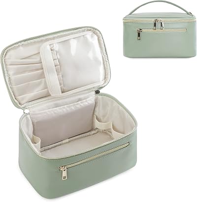 Wandering Nature Travel Makeup Bag with Brush Compartment Green PU Leather
