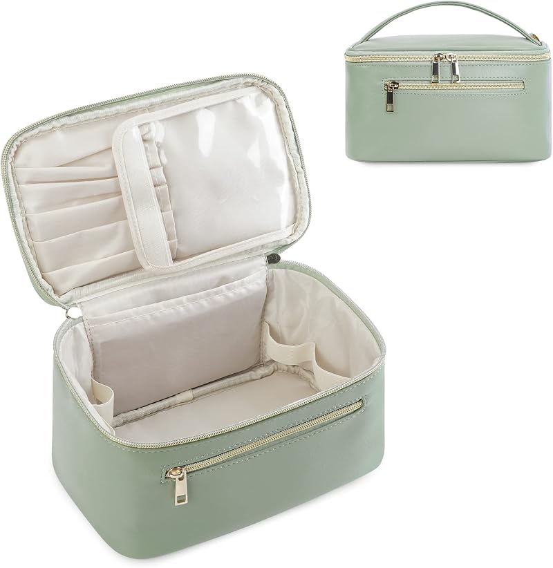 Wandering Nature Travel Makeup Bag with Brush Compartment Green PU Leather