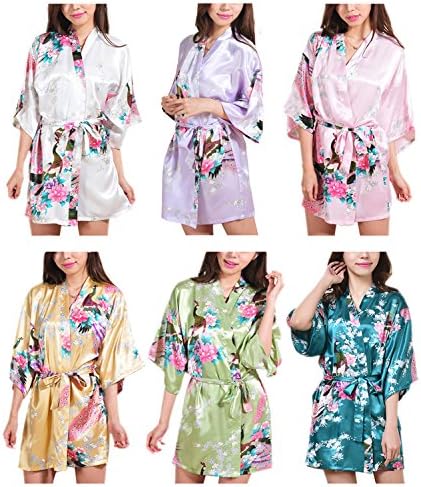 Macher Women's Kimono Style Satin Robe Bathrobes Knee Length Bathrobe