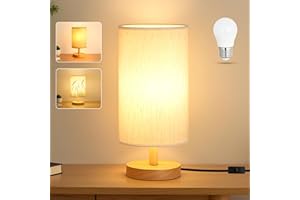 EZIYIN Desk Lamp LED Bulb Included, Small Bedside Table Lamp Plug-in - Classic Wood Base with Flaxen Fabric Shade, Lamps for Night Stands, Simple Nightstand Light for Bedroom, Office, Desk